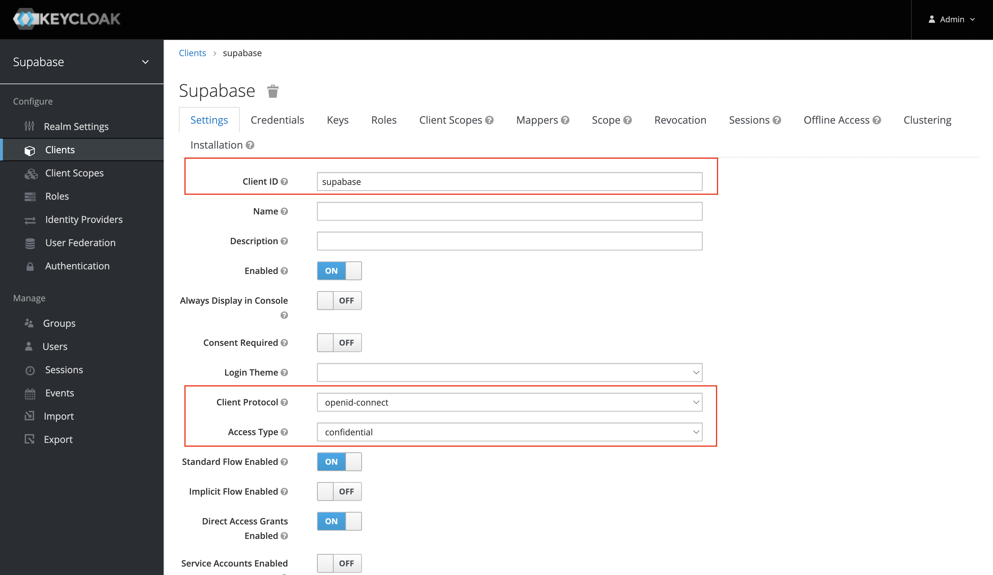 Obtain the client id, set the client protocol and access type